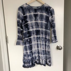 Blue tie dye shift dress with embroidery